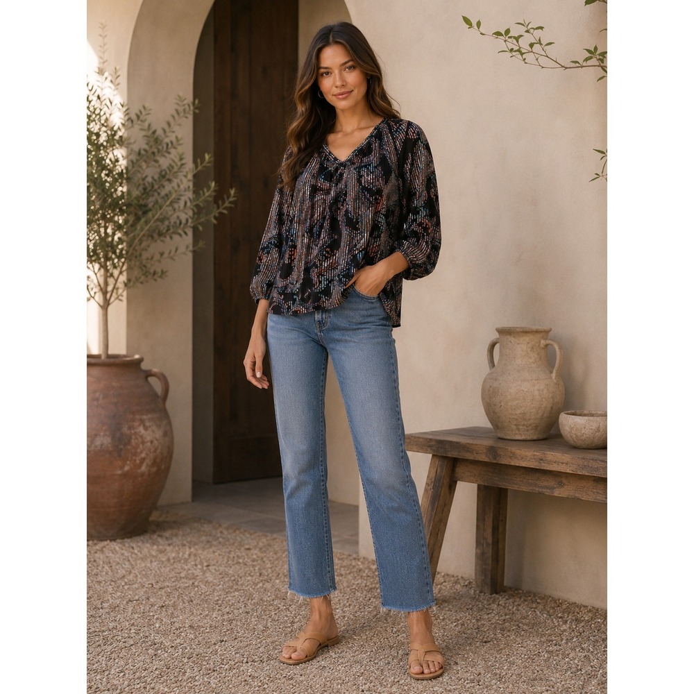 ANTHROPOLOGIE MAEVE Womens Top Blouse XS Madeira Velvet Burnout Satin Multicolor